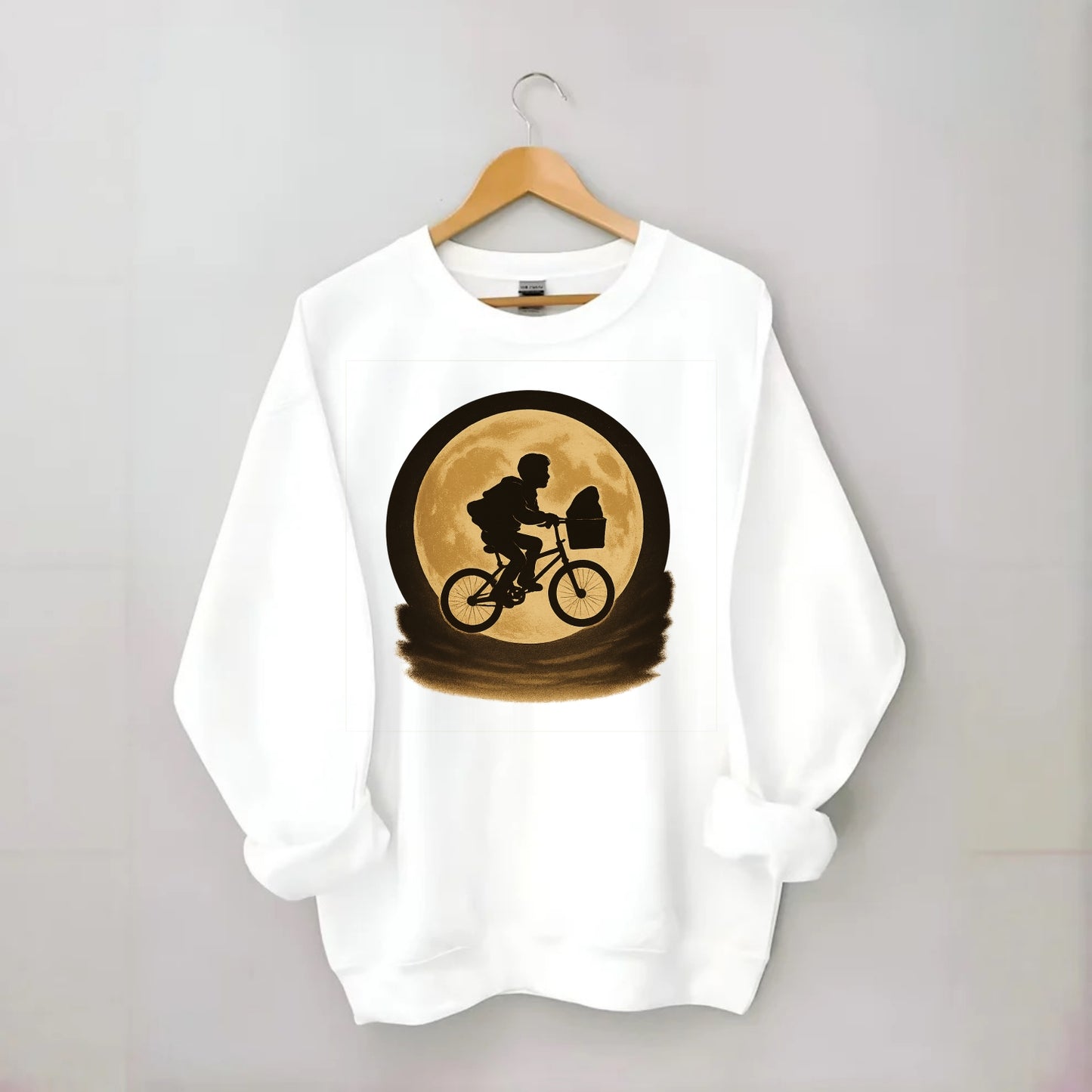 boy with bicycle flying across full moon with silhouette - Crewneck Sweatshirt - white