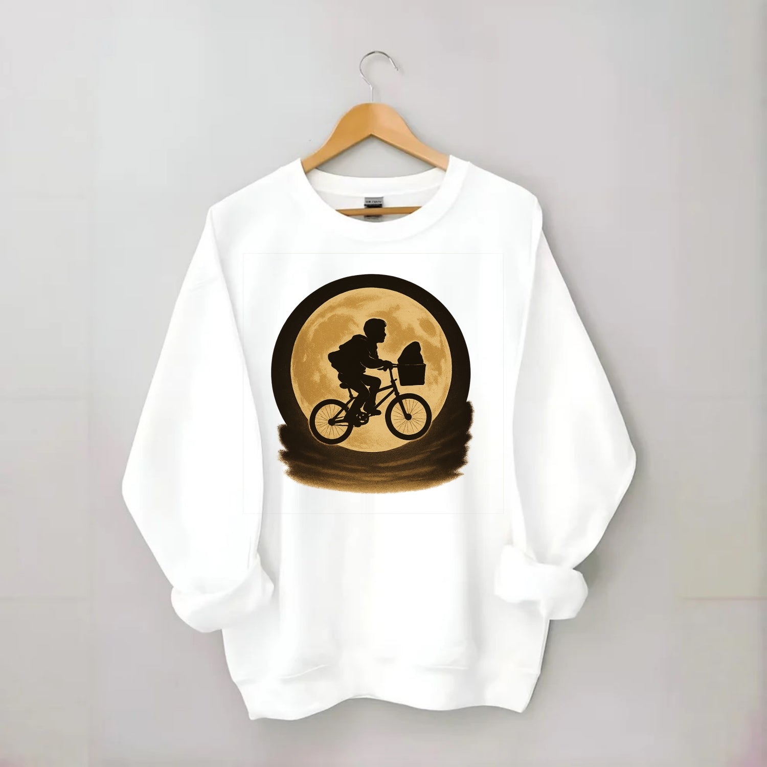 boy with bicycle flying across full moon with silhouette - Crewneck Sweatshirt - white