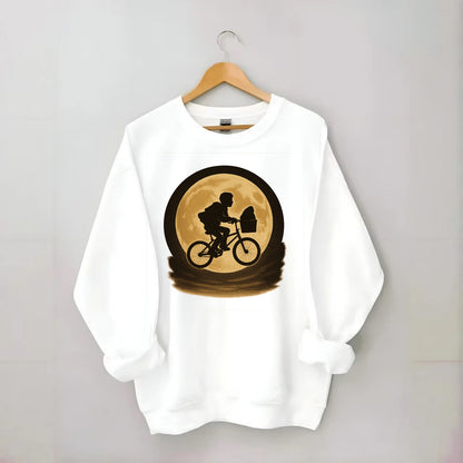 boy with bicycle flying across full moon with silhouette - Crewneck Sweatshirt - white