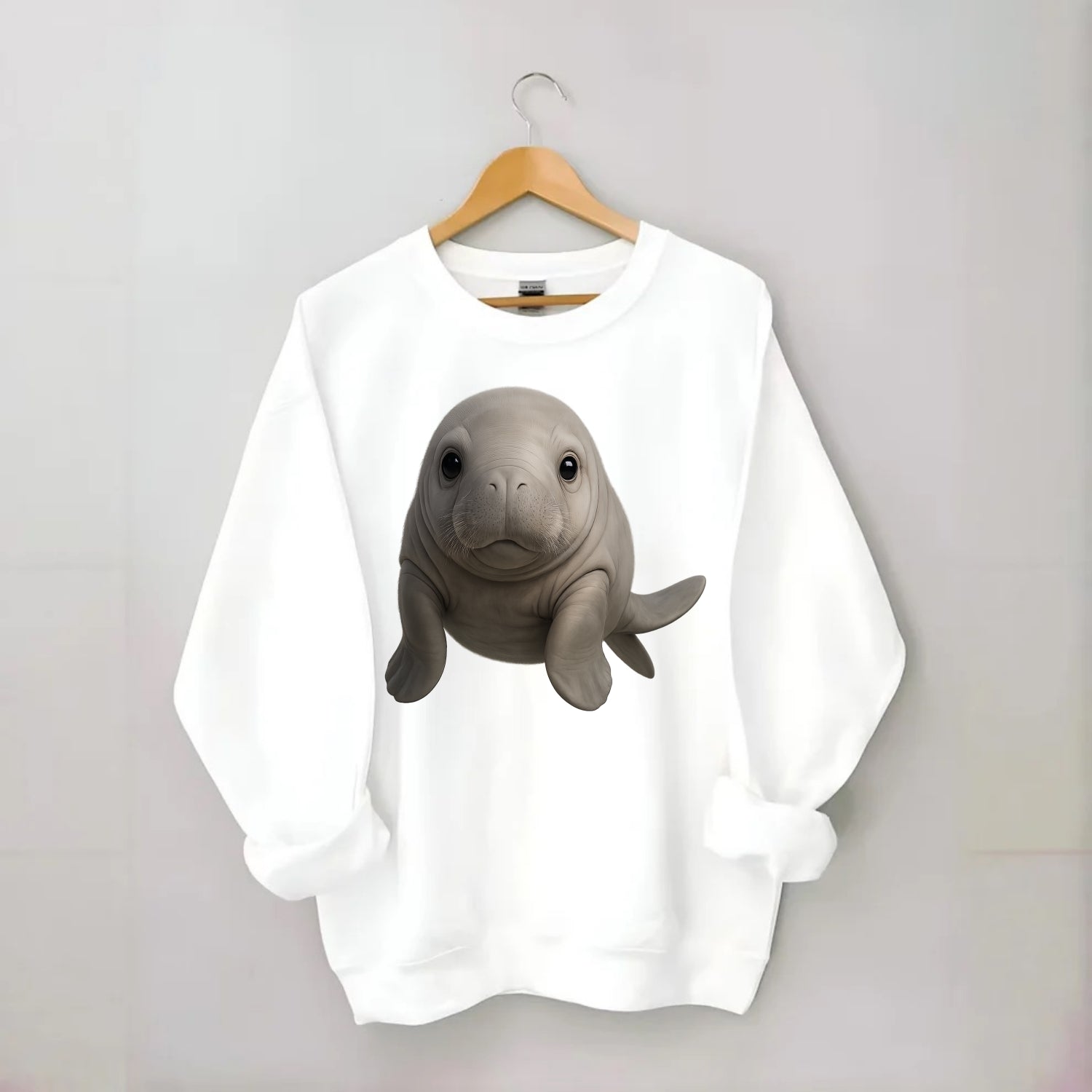 Baby Dugong - gray with paddle tail, gentle expression, whiskers, - Crewneck Sweatshirt - white