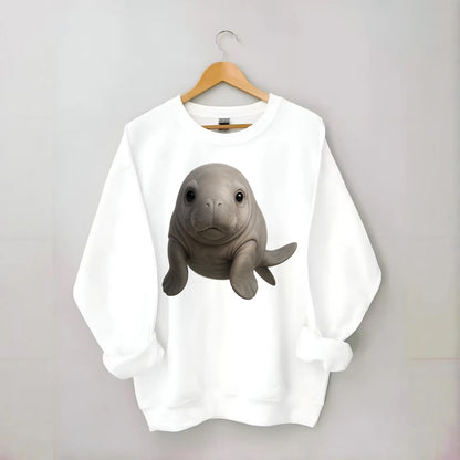 Baby Dugong - gray with paddle tail, gentle expression, whiskers, - Crewneck Sweatshirt - white