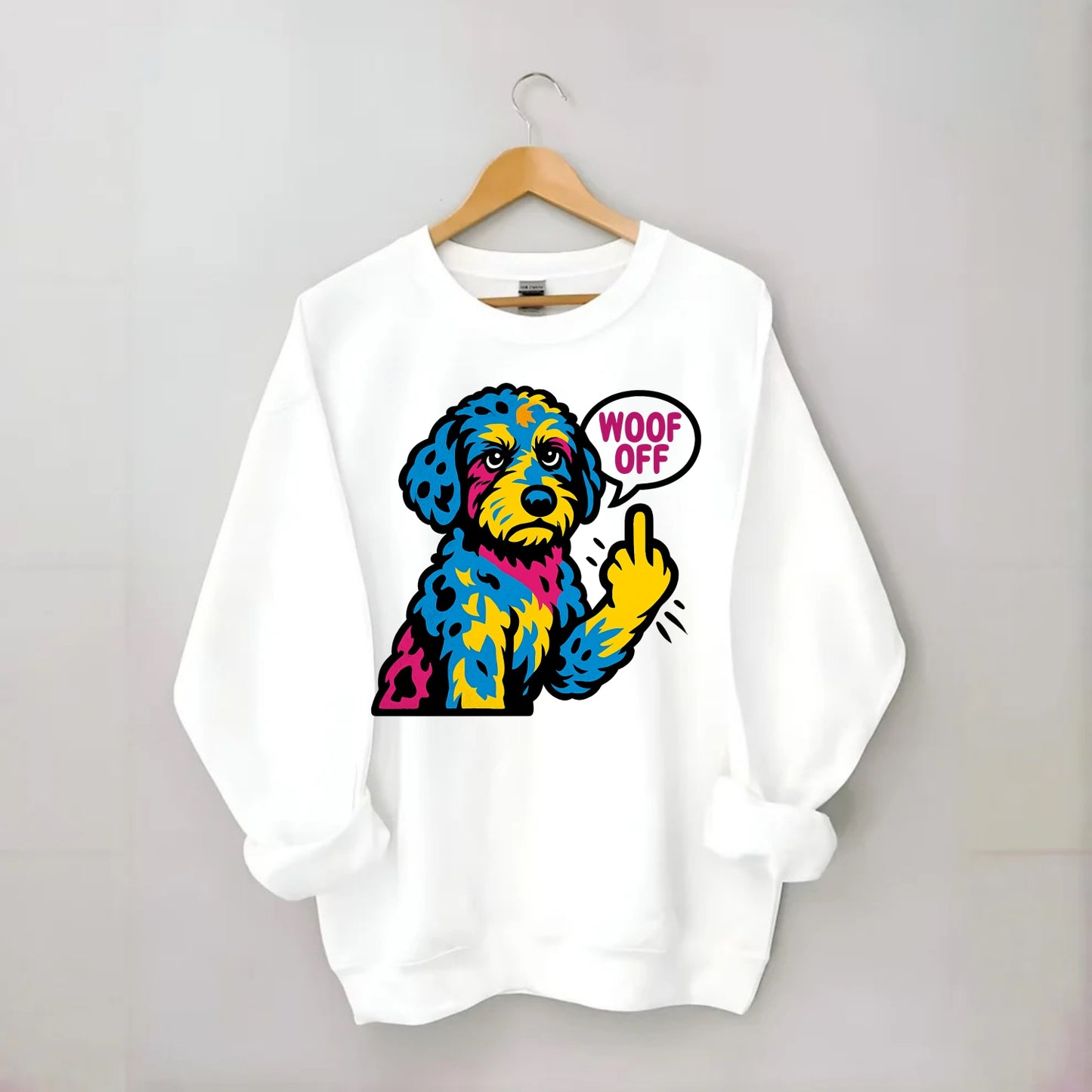 Aussiedoodle with merle patches and curly coat, playful smart paw raised - Crewneck Sweatshirt - white