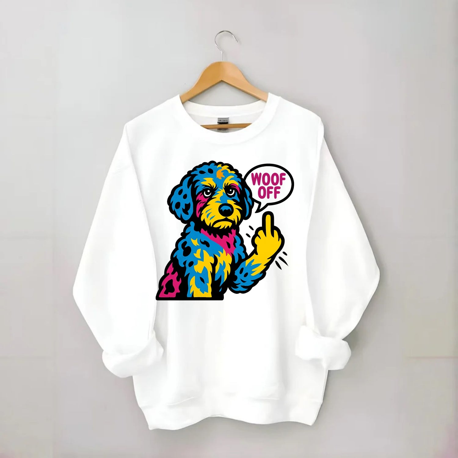 Aussiedoodle with merle patches and curly coat, playful smart paw raised - Crewneck Sweatshirt - white