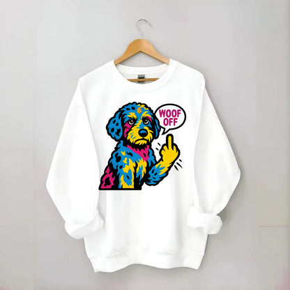 Aussiedoodle with merle patches and curly coat, playful smart paw raised - Crewneck Sweatshirt - white