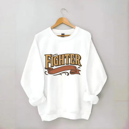 Bold typography design - "FIGHTER" - never giving up, battling on - Crewneck Sweatshirt - white