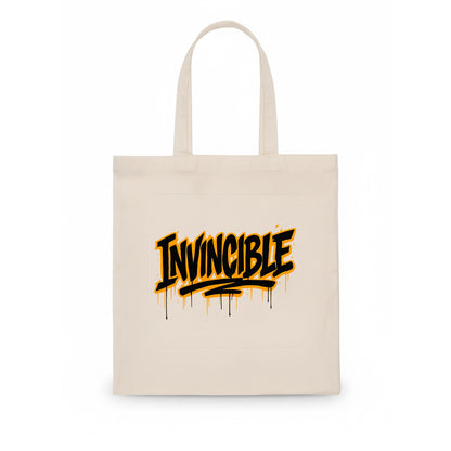 Bold typography design - "INVINCIBLE" - cannot be defeated, unconquerable - Tote Bag - white