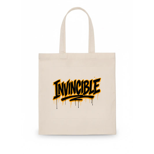 Bold typography design - "INVINCIBLE" - cannot be defeated, unconquerable - Tote Bag - white