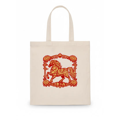 HORSE | Silk style horse design | Gold and silver thread appearance | Phoenix and dragon - Tote Bag - white