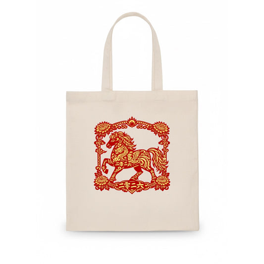 HORSE | Silk style horse design | Gold and silver thread appearance | Phoenix and dragon - Tote Bag - white