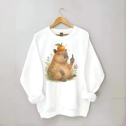 chonky capybara relaxing with orange on head, one webbed middle finger up - Crewneck Sweatshirt - white