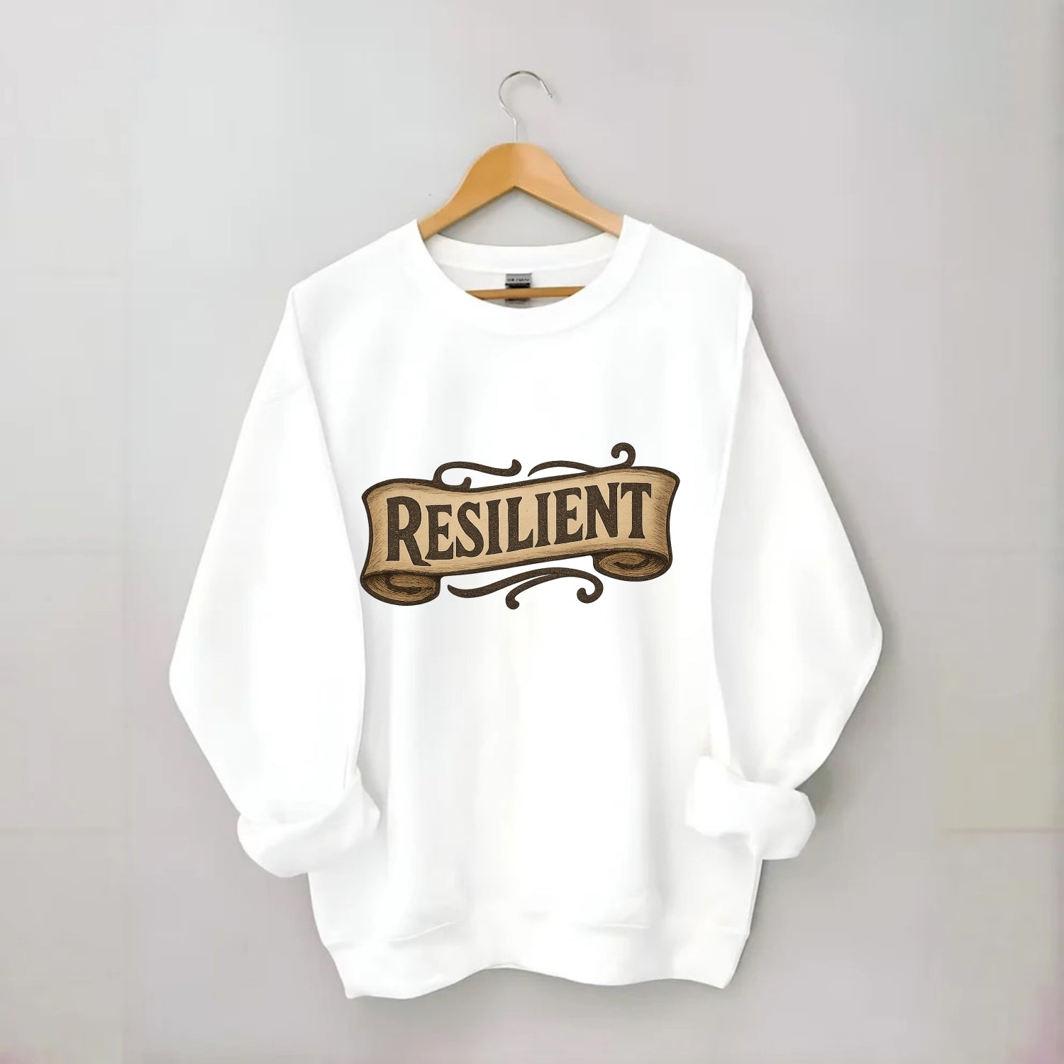 Bold typography design - "RESILIENT" - bouncing back, unbreakable spirit - Crewneck Sweatshirt - white