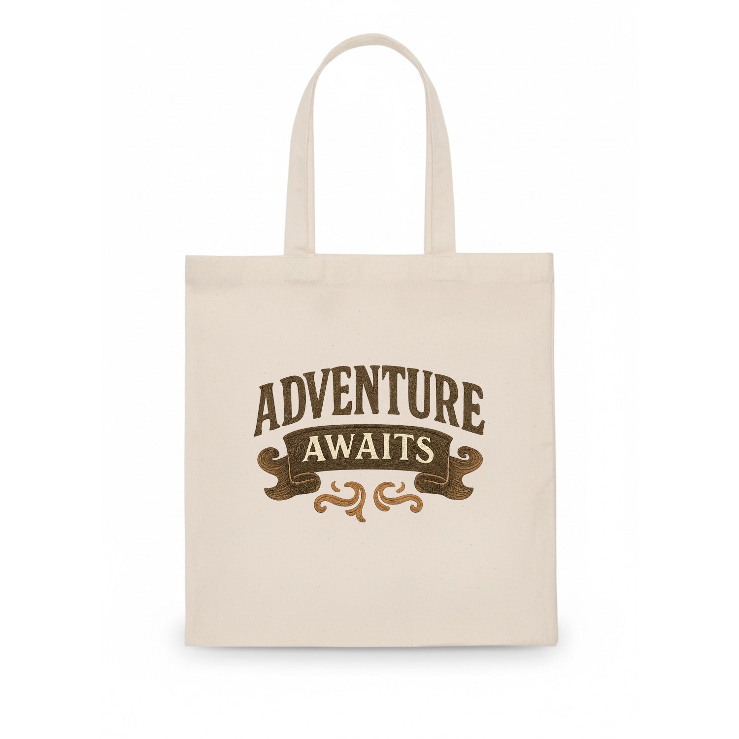 Bold typography design - "ADVENTURE AWAITS" - excitement ahead, ready for anything - Tote Bag - white