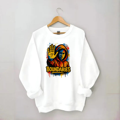 Person holding up hand in "stop" gesture - setting boundaries concept, - Crewneck Sweatshirt - white