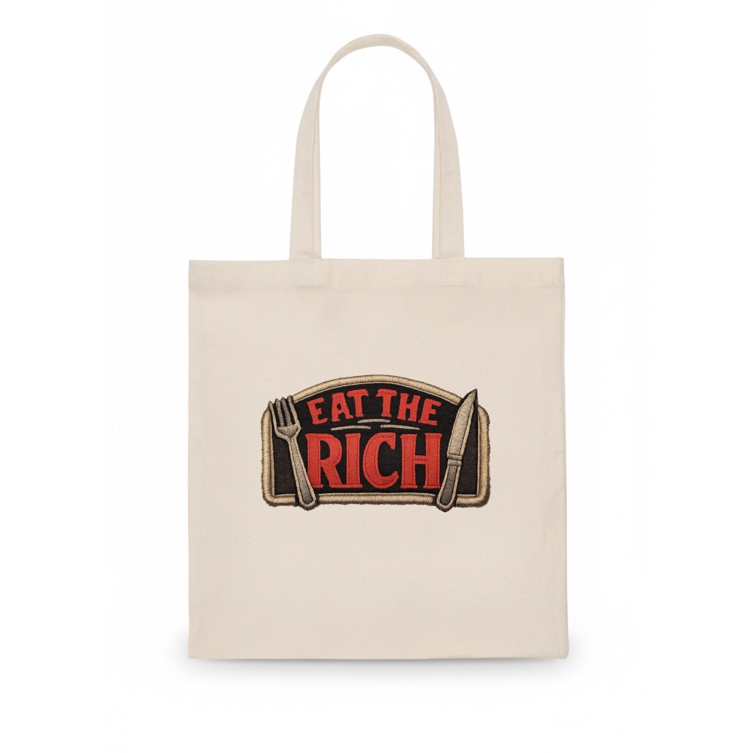 EAT THE RICH - fork and knife with text in red and silver , class war - Tote Bag - white