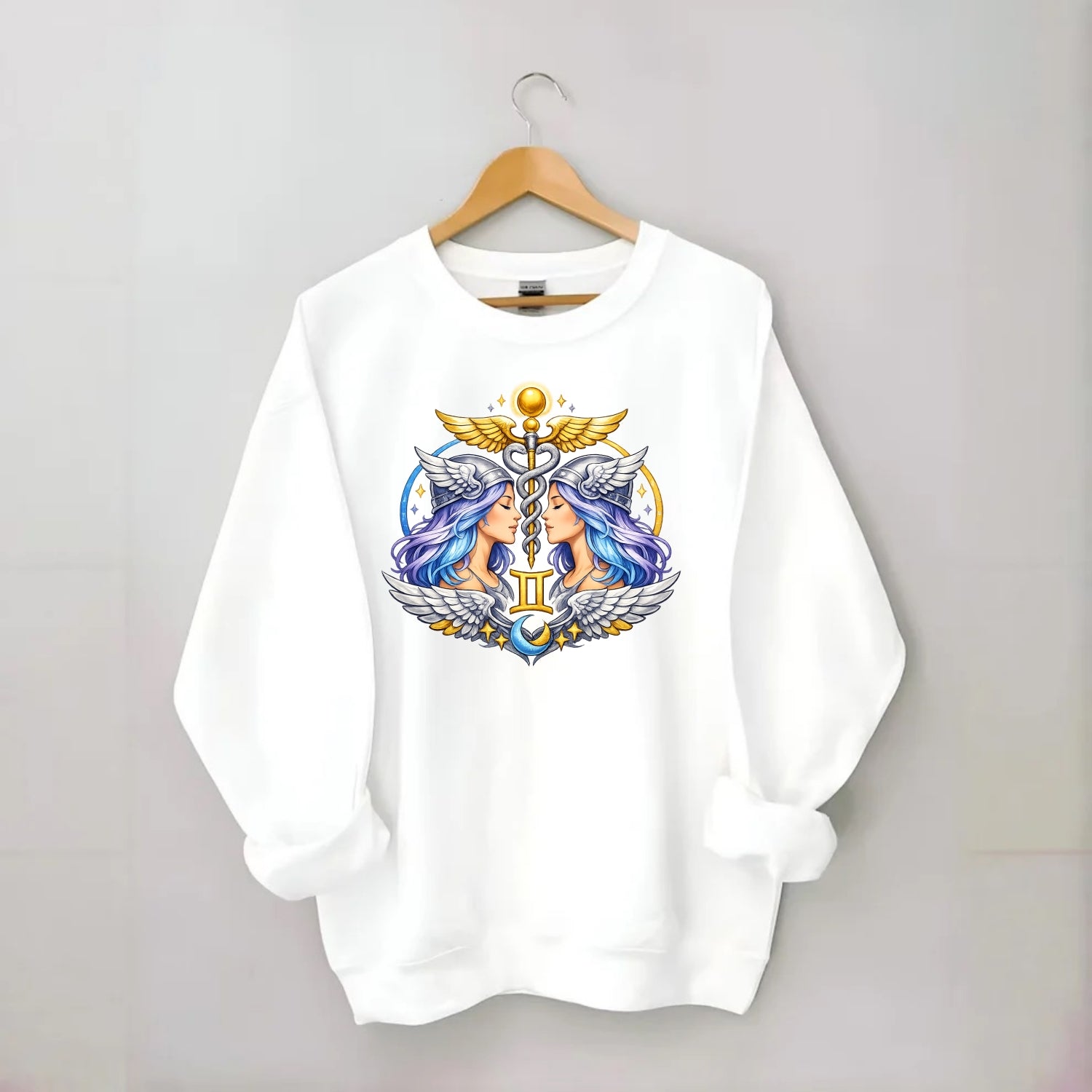 MERCURY WINGS | Winged messenger symbol | Caduceus staff | Swift - Crewneck Sweatshirt - white