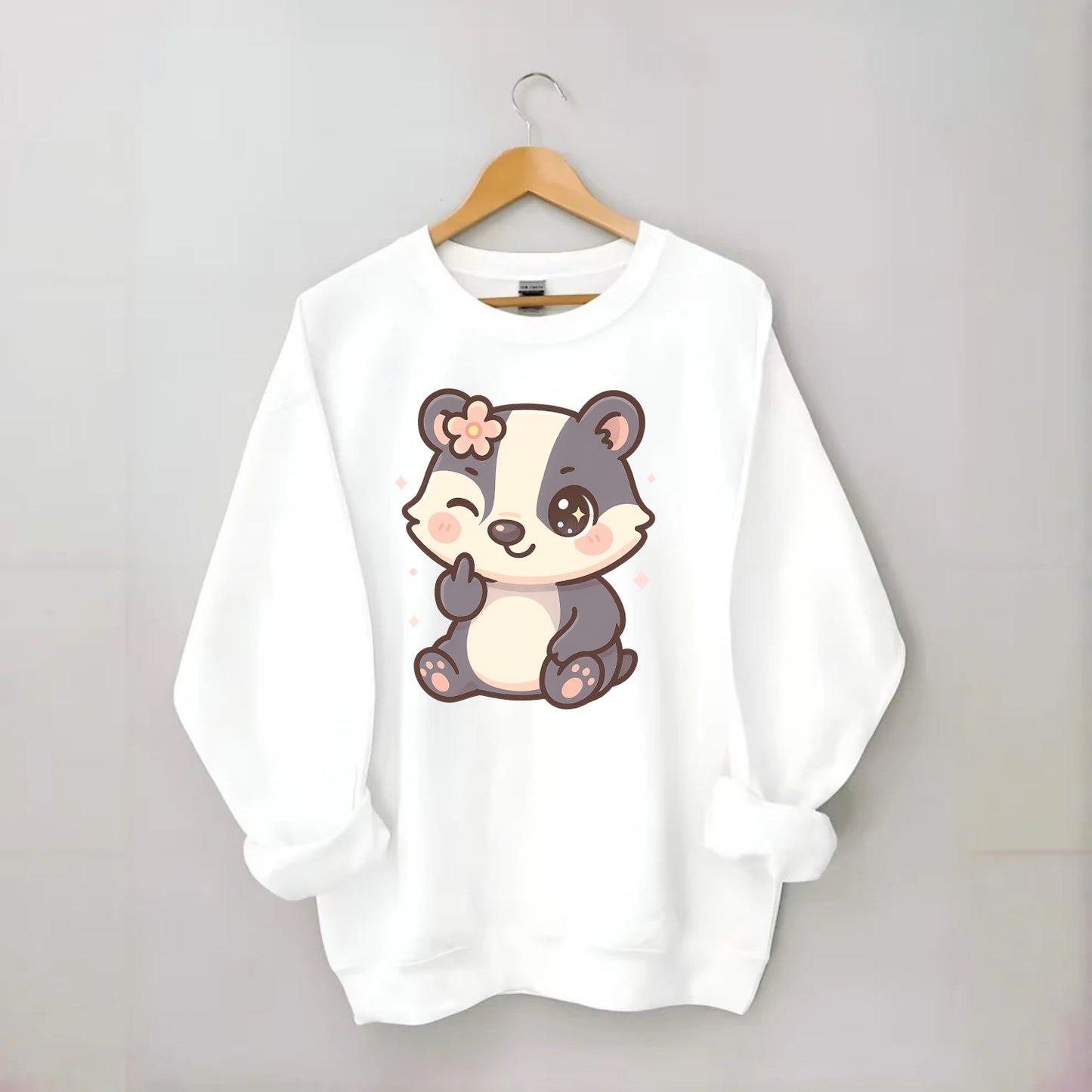 adorable badger with black and white stripes, one paw giving finger - Crewneck Sweatshirt - white