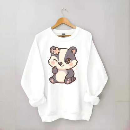 adorable badger with black and white stripes, one paw giving finger - Crewneck Sweatshirt - white