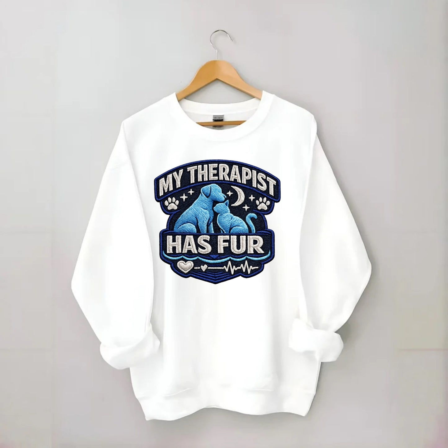 MY THERAPIST HAS FUR - pet silhouette in calming blue , emotional support - Crewneck Sweatshirt - white