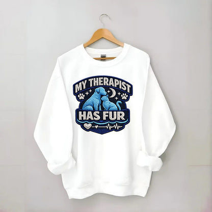 MY THERAPIST HAS FUR - pet silhouette in calming blue , emotional support - Crewneck Sweatshirt - white