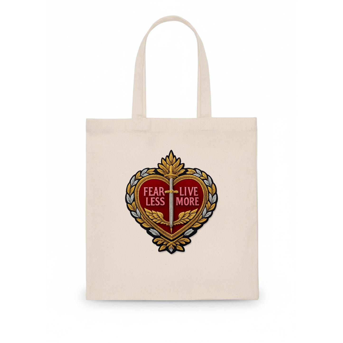 FEAR LESS LIVE MORE - heart with text in red , courage - Tote Bag - white