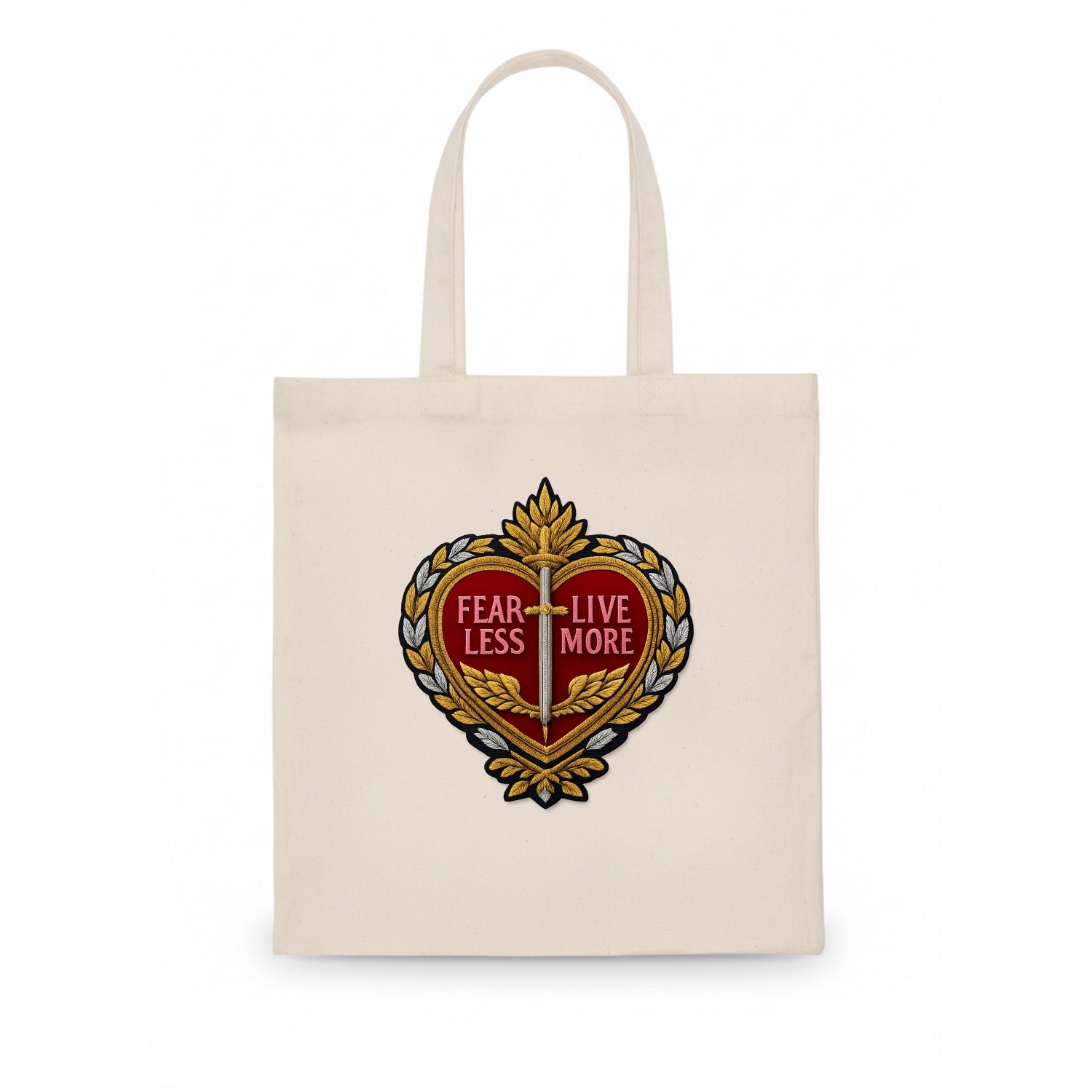 FEAR LESS LIVE MORE - heart with text in red , courage - Tote Bag - white