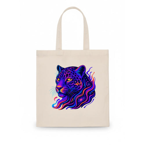 Powerful jaguar with rosettes containing miniature galaxies, cosmic purple and orange - Tote Bag