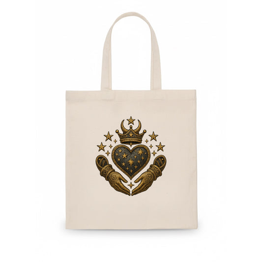 Weathered antique brass crown above a hammered gunmetal heart framed by ivy-woven hands. - Tote Bag - white
