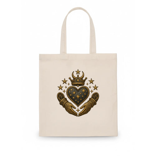Weathered antique brass crown above a hammered gunmetal heart framed by ivy-woven hands. - Tote Bag