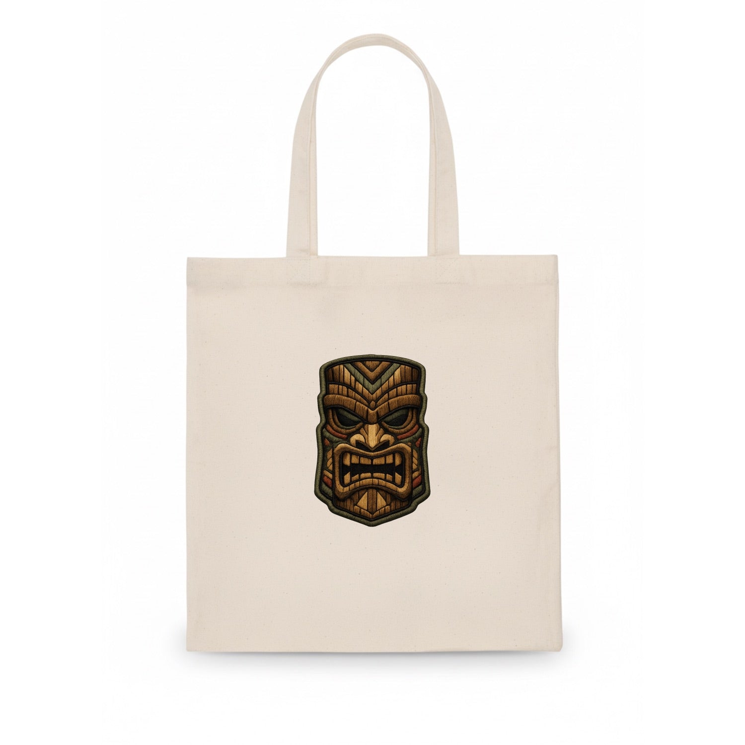 TIKI MASK - carved totem in brown and red , Polynesian - Tote Bag - white