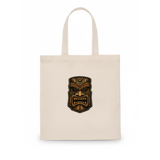 TIKI MASK - carved totem in brown and red , Polynesian - Tote Bag - white