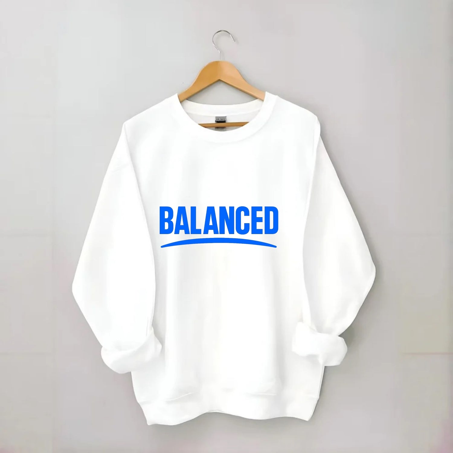 Bold typography design - "BALANCED" - harmony, equilibrium, centered life - Crewneck Sweatshirt - white