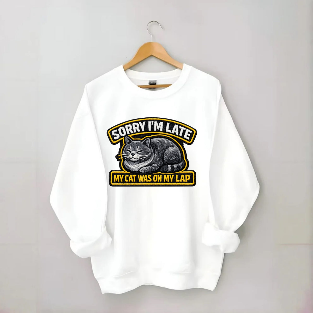 SORRY IM LATE MY CAT WAS ON MY LAP - cat loaf in gray , valid excuse - Crewneck Sweatshirt - white