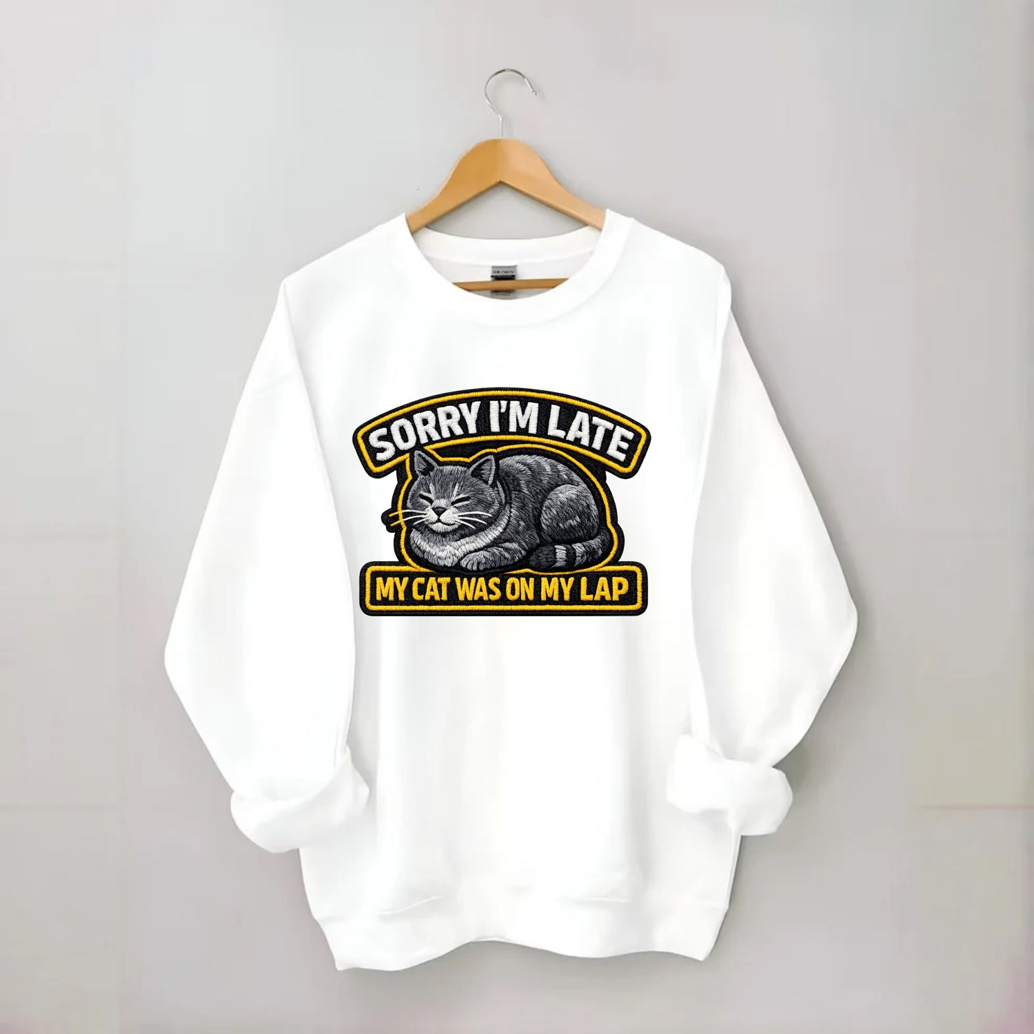 SORRY IM LATE MY CAT WAS ON MY LAP - cat loaf in gray , valid excuse - Crewneck Sweatshirt - white