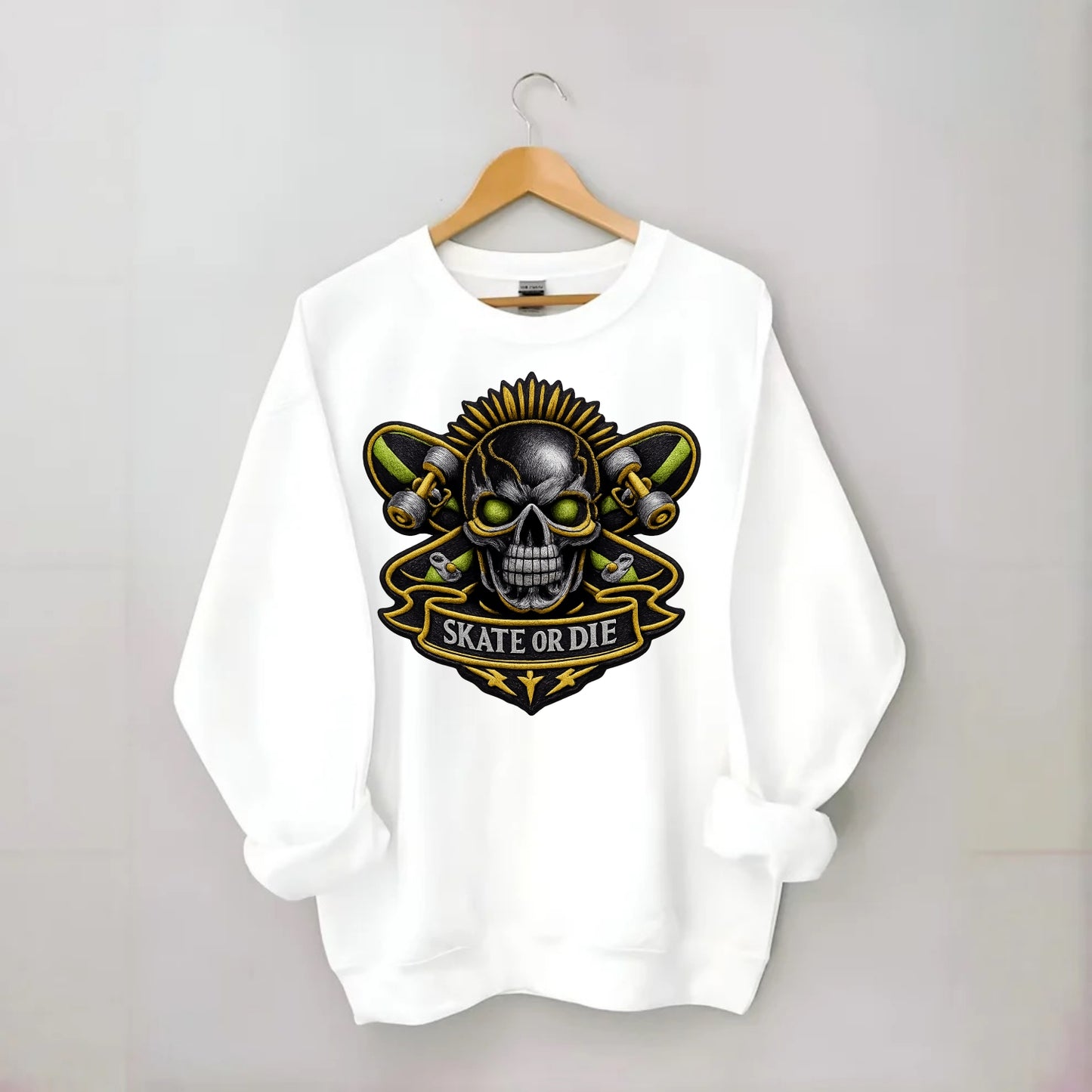 SKATEBOARD SKULL - skull with skateboard in black and neon green , extreme - Crewneck Sweatshirt - white