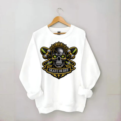 SKATEBOARD SKULL - skull with skateboard in black and neon green , extreme - Crewneck Sweatshirt - white