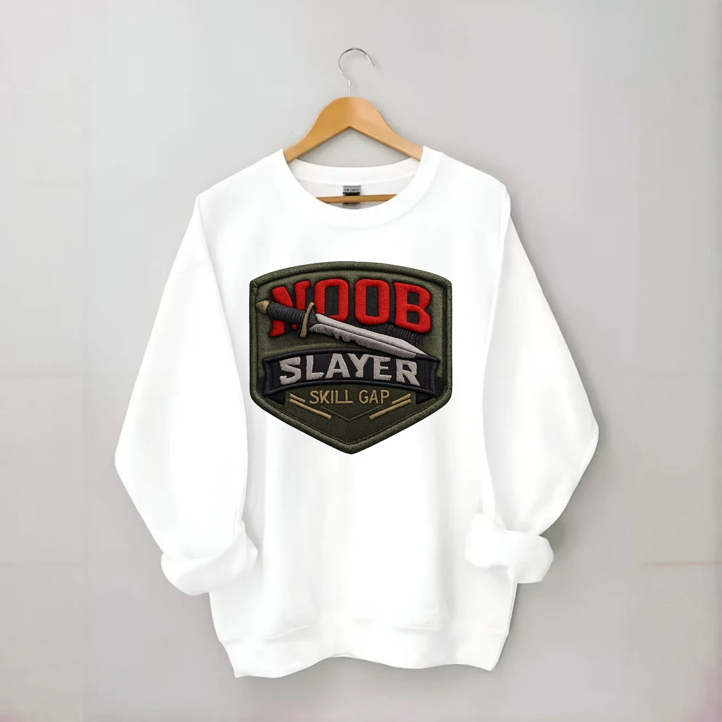 NOOB SLAYER - sword through noob text in red and silver , skill gap - Crewneck Sweatshirt - white