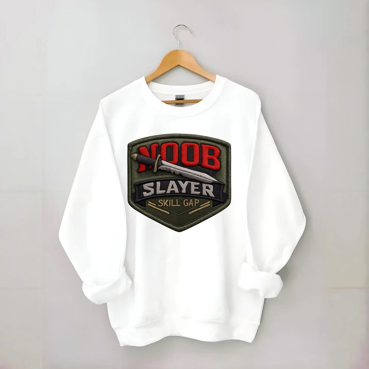 NOOB SLAYER - sword through noob text in red and silver , skill gap - Crewneck Sweatshirt - white