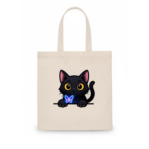 Midnight the black cat blowing a glossy bubblegum bubble while peeking. - Tote Bag