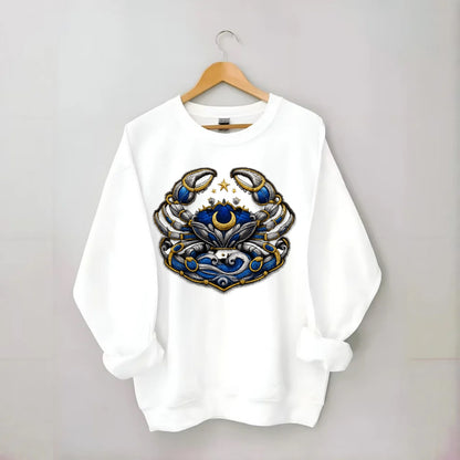 CANCER CRAB - protective crab in silver and blue , water sign - Crewneck Sweatshirt - white