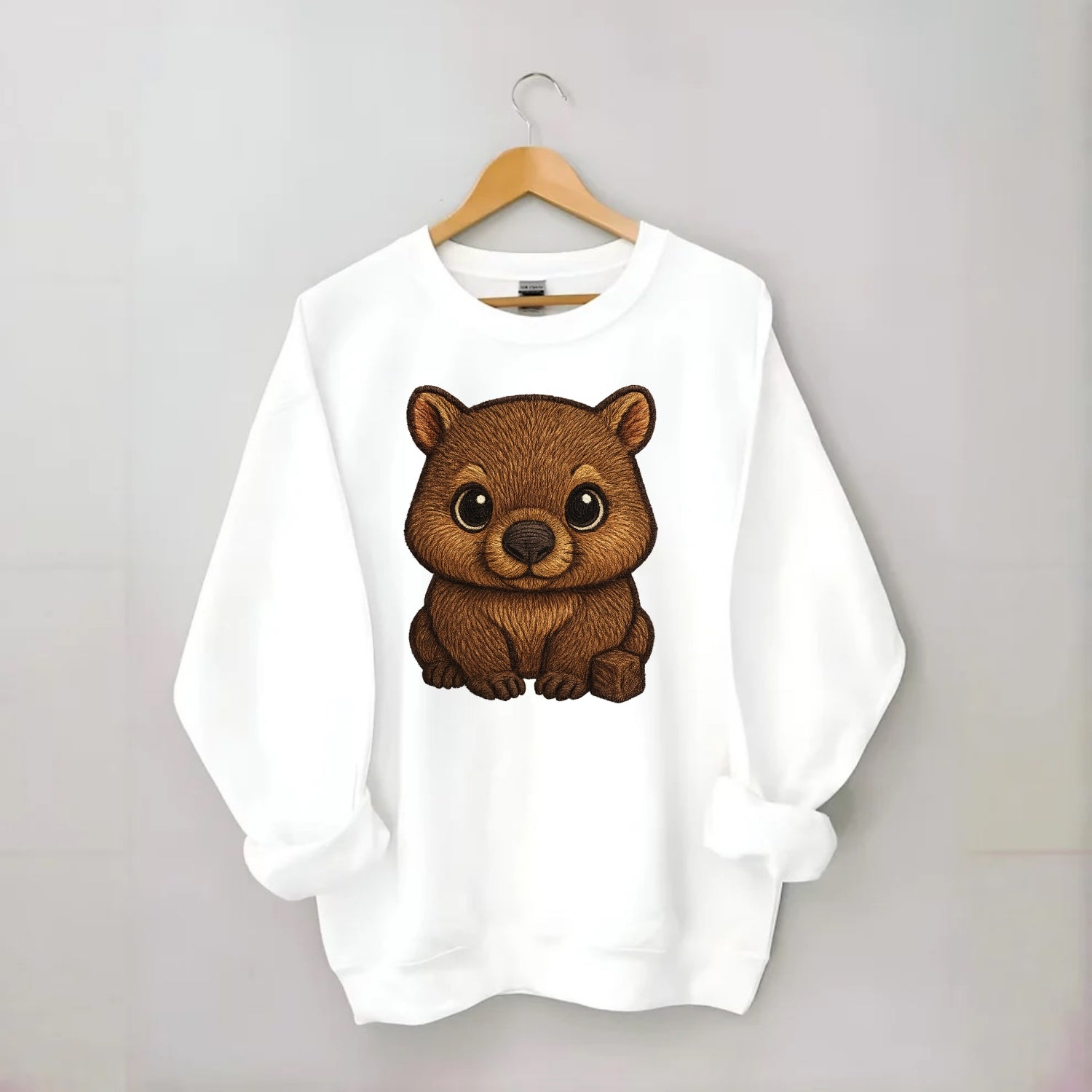 Baby Wombat - brown fur, square nose, small ears, dark eyes, front-facing, - Crewneck Sweatshirt - white