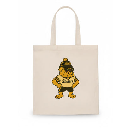 Pittsburgh Bulldog wearing Steelers black and gold beanie with pom pom and wayfarer - Tote Bag - white