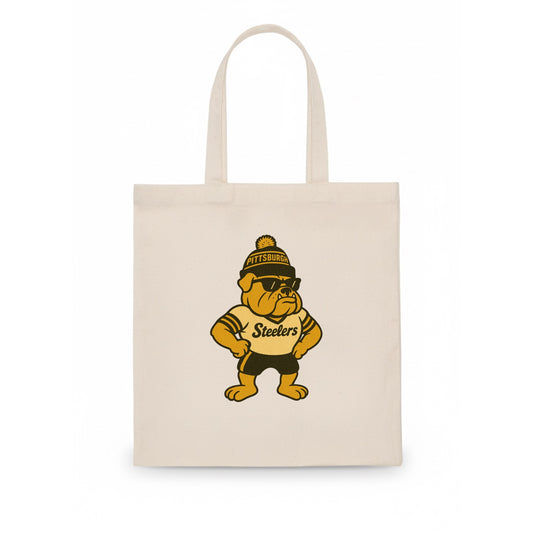 Pittsburgh Bulldog wearing Steelers black and gold beanie with pom pom and wayfarer - Tote Bag - white