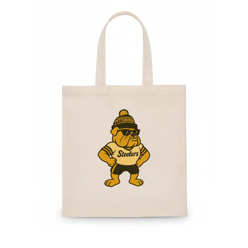Pittsburgh Bulldog wearing Steelers black and gold beanie with pom pom and wayfarer - Tote Bag