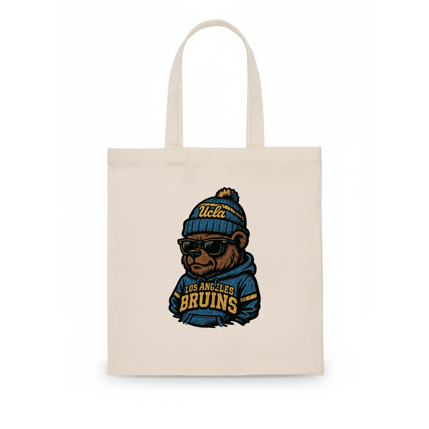 Los Angeles Bruin wearing UCLA beanie with script patch - Tote Bag - white