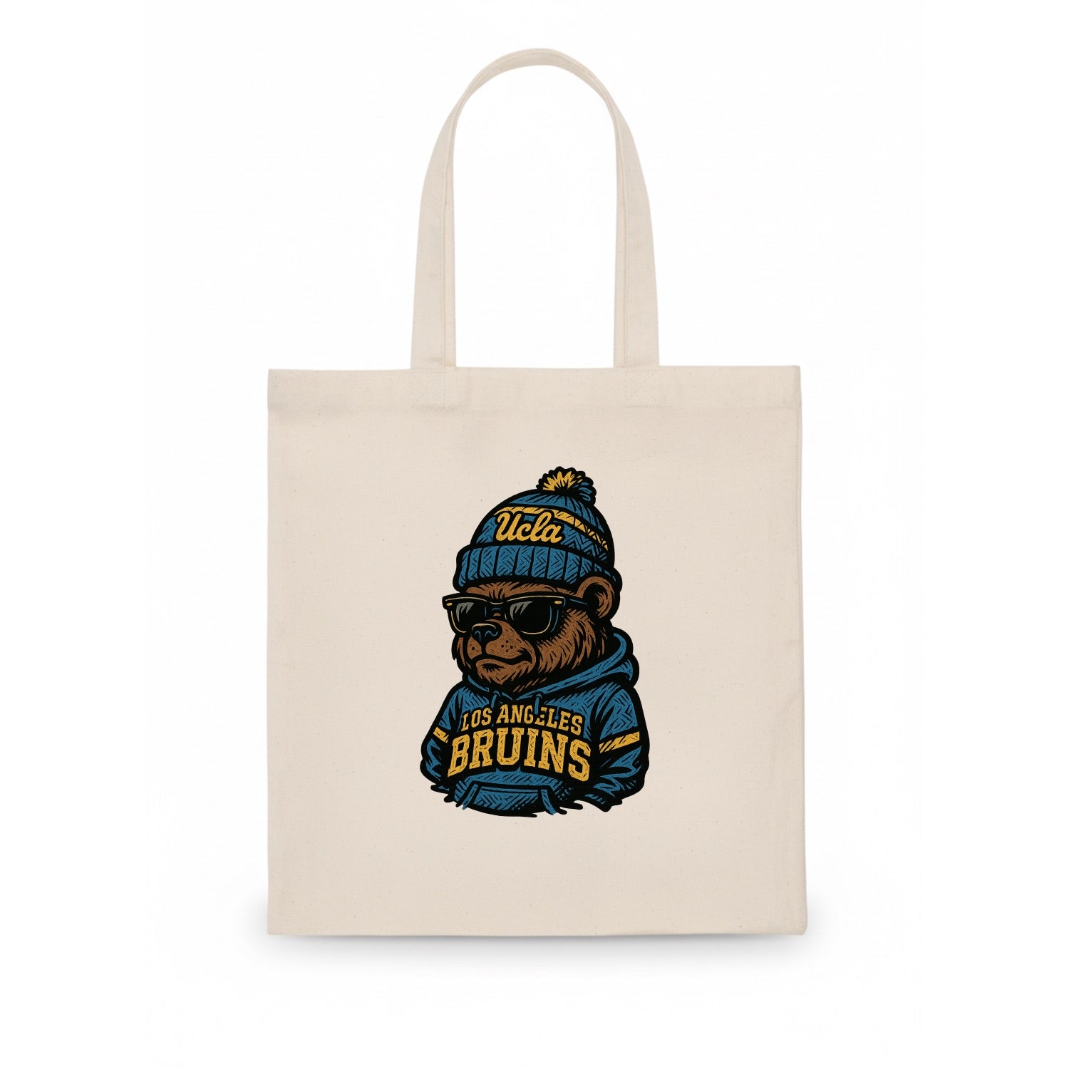Los Angeles Bruin wearing UCLA beanie with script patch - Tote Bag - white