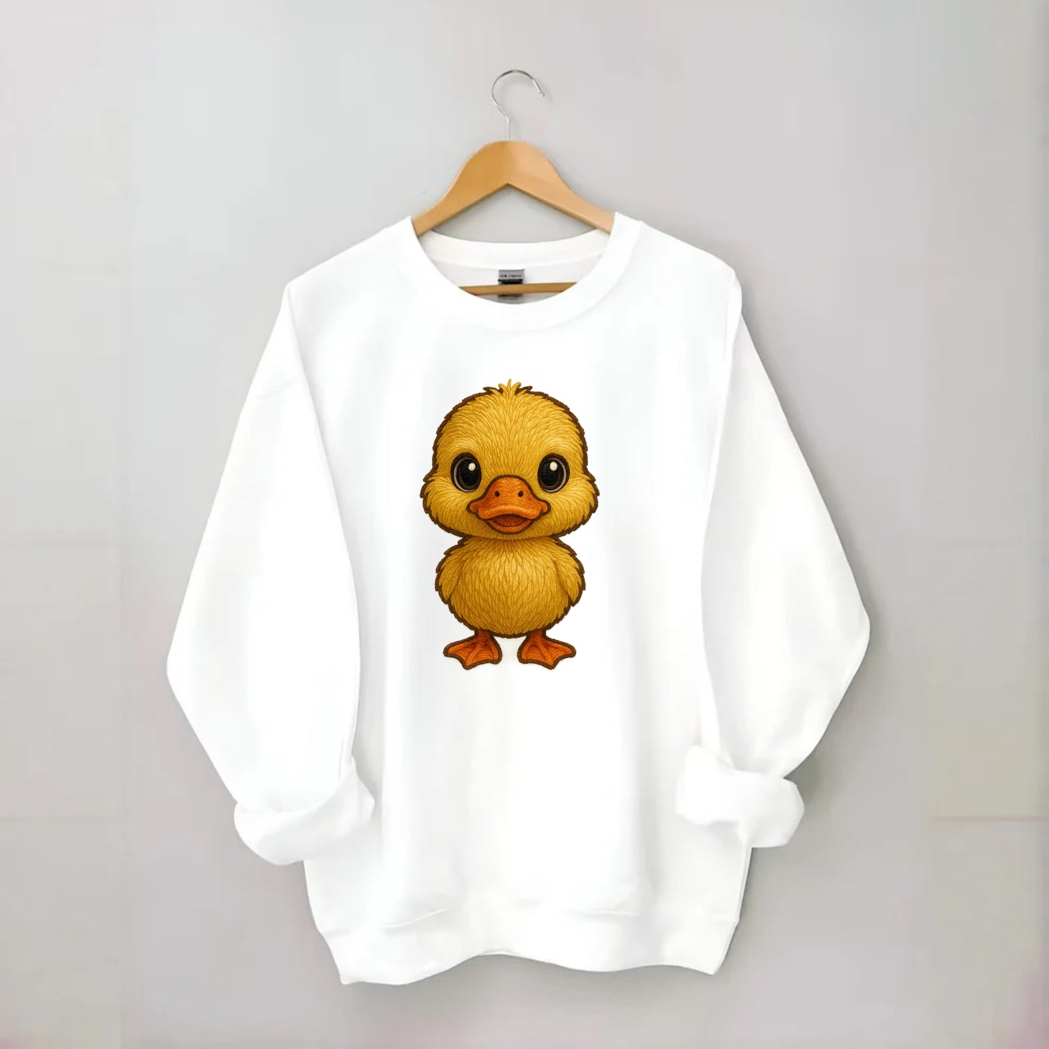 Baby Duck Duckling - yellow fluffy, orange beak, bright eyes, front-facing, - Crewneck Sweatshirt - white