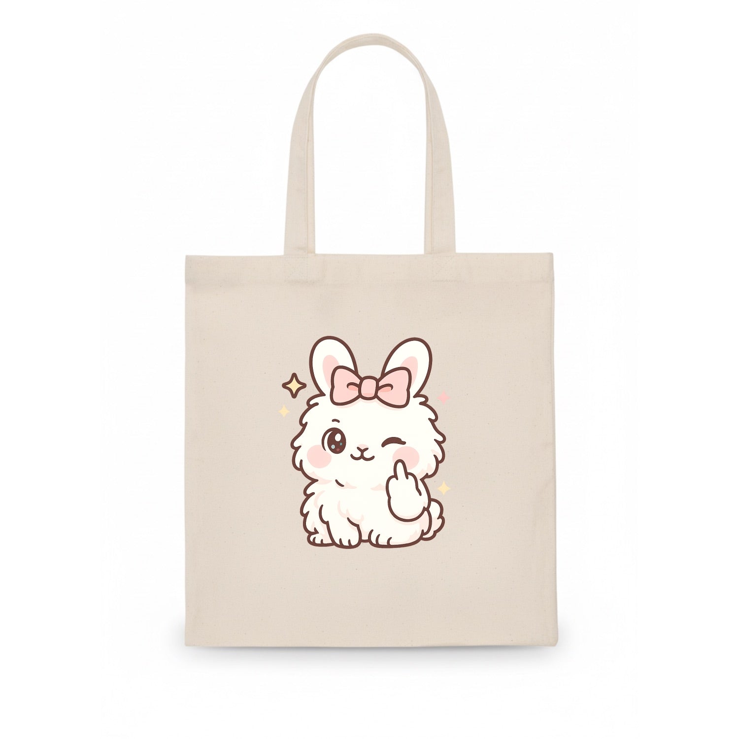 fluffy white angora rabbit with pink bow, one paw delicately flipping off - Tote Bag - white