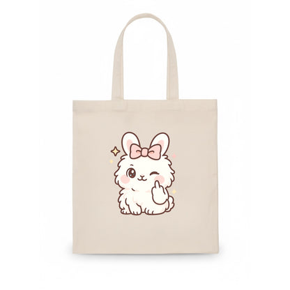 fluffy white angora rabbit with pink bow, one paw delicately flipping off - Tote Bag - white