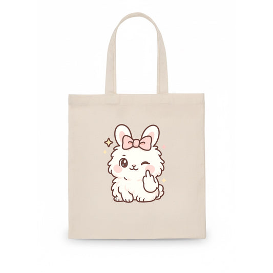 fluffy white angora rabbit with pink bow, one paw delicately flipping off - Tote Bag - white
