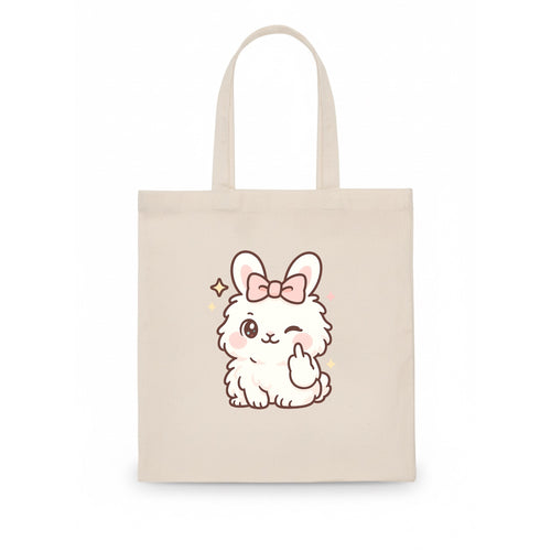 fluffy white angora rabbit with pink bow, one paw delicately flipping off - Tote Bag